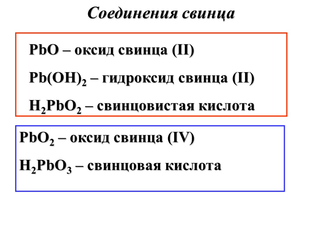 Соединения свинца PbO – оксид свинца (II) Pb(OH)2 – гидроксид свинца (II) H2PbO2 –